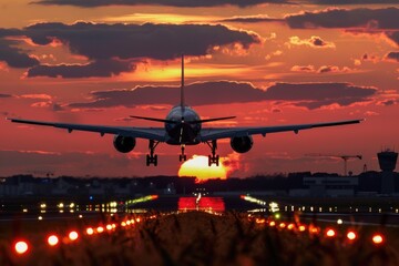 Poster - Airliner taking off from airport in the evening, suitable for travel or aviation-themed projects