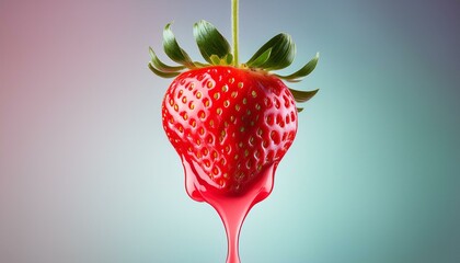 Wall Mural - Juicy strawberry juice dripping from a ripe fruit, isolated on a blank backdrop.