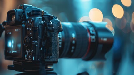 Poster - A detailed view of a camera mounted on a tripod, perfect for use in tutorials or product demonstrations