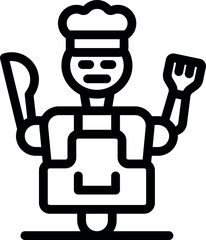 Poster - Robot chef holding a fork and a knife wearing an apron, in a simple black and white line art vector illustration