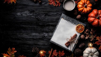   Notebook with orange wedge and cinnamon stick on wooden desk with surrounding autumn foliage and decorations