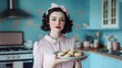 © Business Image - A cheerful retro housewife in a vintage kitchen holds a plate of freshly baked cookies, embodying a 1950s-inspired homemaker style.