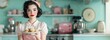 © Business Image - A cheerful retro housewife in a vintage kitchen holds a plate of freshly baked cookies, embodying a 1950s-inspired homemaker style.