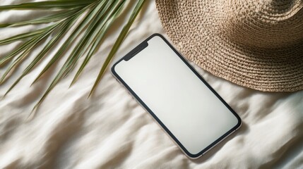 Relaxing Beach Day: Phone on White Towel with Sunhat, Summer Vacation Essentials