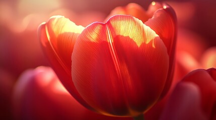 Poster - Close-up of a red tulip with soft light shining through its petals, showing texture and detail