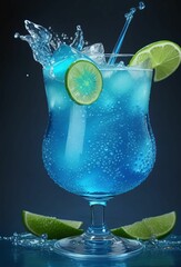 Blue Lagoon mojito with lime and mint leaves over a dark background. Kamikaze cocktail closeup splash still photo. Menu concept for bar