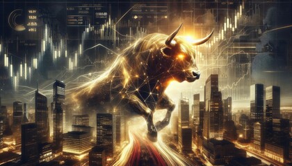 Sticker - powerful bull, stock market, financial growth, gold tones, bullish trend, aggressive stance, tech overlays, financial charts, cityscape background, digital art, dynamic energy