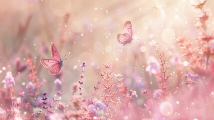 Delicate butterflies gracefully flutter among soft pink flowers, creating an enchanting and magical atmosphere