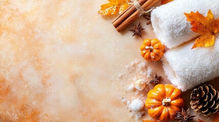 Wall Mural -   White towels on a table with orange pumpkins and cinnamon sticks