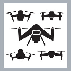 Drone quadcopter with camera black symbol, Black silhouette of military drone. Top, front and side view. Army aircraft for intelligence and attack, silhouette of a drone flying