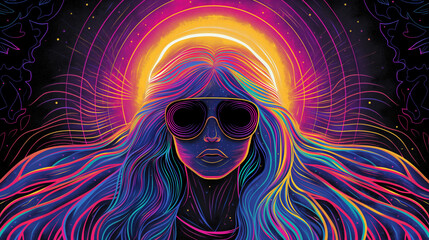 Wall Mural - An illustration of a woman with long hair and sun visor in front of a black background, vector art, symmetrical, neon colors, colorful design, retro poster style,