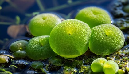 Wall Mural - Wolffia globosa, also known as water lentil or marsh seaweed, is a minuscule, floating, water-dwelling organism.