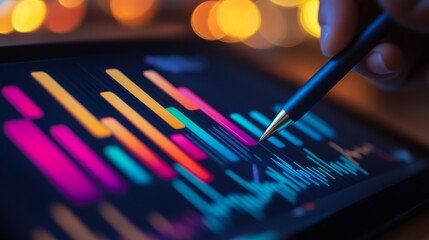 Poster - Close-up of a tablet displaying a multicolored bar graph, with a stylus pen in hand