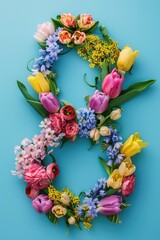 Poster - A creative arrangement of flowers forms the shape of a number 8 on a blue background