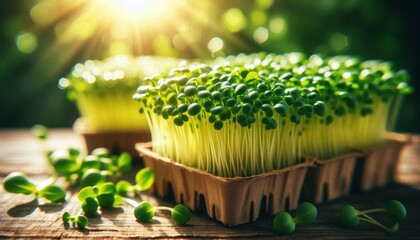 close-up view of fresh microgreens, vibrant green sprouts, healthy superfood, organic gardening, morning sunlight, shallow depth of field, wooden background, bokeh effect, nature's vibrant colors, hig