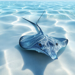 A stunning blue ray fish gracefully gliding across a serene white background