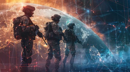 Poster - Three soldiers stand in front of a glowing globe, symbolizing global security and protection.