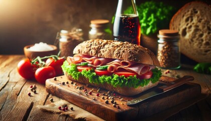 fresh sandwich with lettuce, tomatoes, and sliced meat, multigrain bread, wooden cutting board, bottle of soda, rustic background, warm and inviting lighting, depth of field, close-up food photography