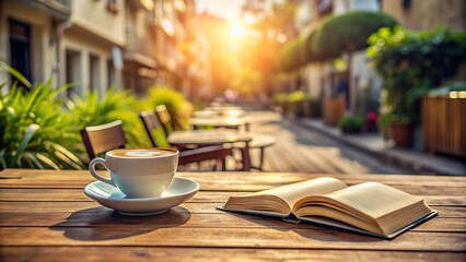 Wall Mural - Open book and a cup of coffee on wooden table in street cafe with a tilted angle, wooden table, lifestyle, city, close-up,street cafe, caffeine, urban, education, cozy, tilt angle, leisure