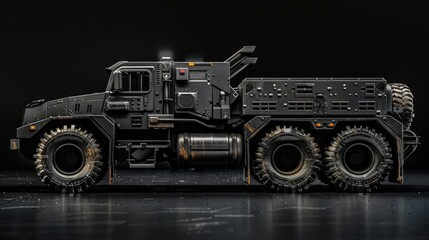 Poster - A small toy truck sits on a dark or black surface, ideal for use in product photography, packaging design, and more