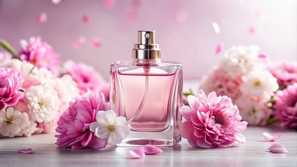 Wall Mural - Aesthetic pink perfume bottle with flowers, feminine,pink, elegant, design, romantic, fragrance, concept, girly, floral, background, trendy, pastel, beauty, luxury, silhouette