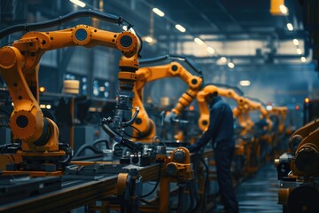 Poster - A person standing among industrial robots in a manufacturing setting, ready for work or inspection