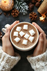 Wall Mural - Warm holiday hot chocolate topped with marshmallows and cookies on a festive table