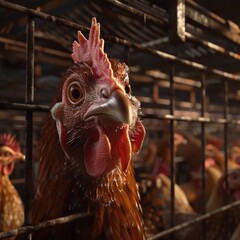 Poster - Close-up view of a chicken confined in a cage
