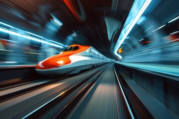 Poster - A train travels through a tunnel with its red and white cars visible