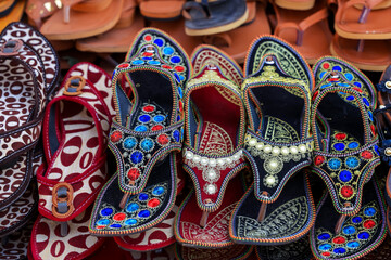 Traditional Rajasthani style foot ware in the local market at Pushkar, India.