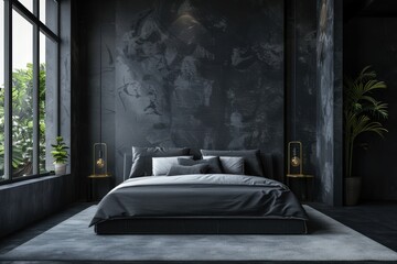 Poster - A black bedroom with a large bed and a black wall, generative ai image