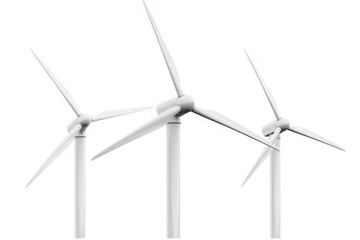 Poster - A cluster of modern wind turbines against a plain white background, suitable for use in infographics or presentations about renewable energy