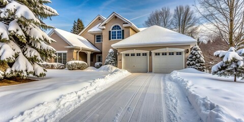 Wall Mural - Freshly fallen snow cleared from the front of the house at a tilted angle, clear, morning, curb appeal, residential, weather,winter, outdoors, icy, residential area, removal, chilly