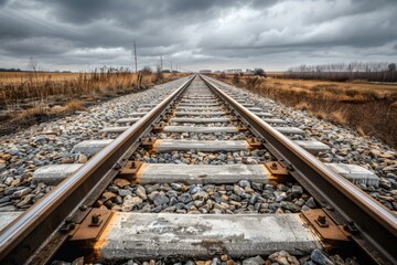 Poster - Train track surrounded by rocks and gravel, ideal for use in images related to transportation or infrastructure