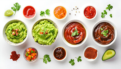 Sticker - Set of guacamole and different sauces on white background, top view