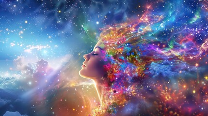 Wall Mural - abstract woman portrait with colorful lights, stars and clouds.