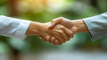 Wall Mural - two businesswomen shaking hands, symbolizing partnership, trust, and professional agreement. The image captures the moment of a successful business deal or collaboratio