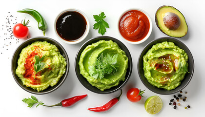 Sticker - Set of guacamole and different sauces on white background, top view