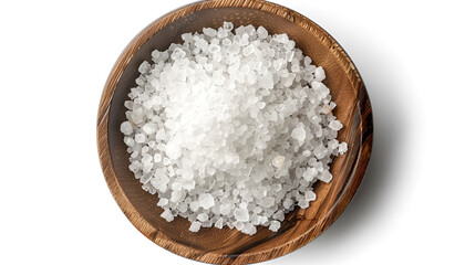 Sea salt in wooden bowl isolated on white background closeup top view