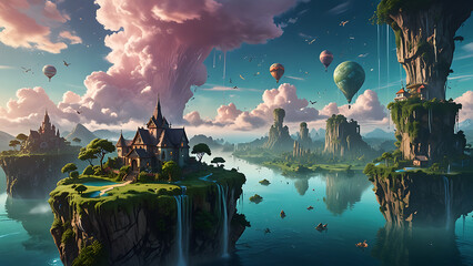 Surreal Dreamscape with Floating Islands and Ethereal Sky