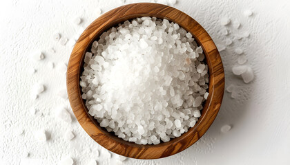 Sea salt in wooden bowl isolated on white background closeup top view