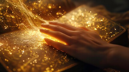 Wall Mural - a hand reaches into a book, illuminating it with golden light and magic.