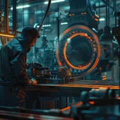 Poster - A person works on a machine in a busy factory setting