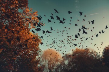 Poster - A group of birds soaring through the clouds, with the sun shining down