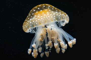 Poster - A single yellow and white jellyfish floats in the ocean or sea, often used for underwater scenes or marine life illustrations