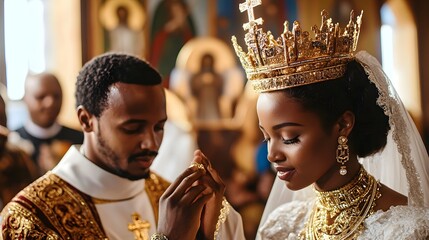 Ethiopian wedding. A beautifully engaged couple participating in a traditional wedding ceremony, with the bride adorned in an ornate crown and elegant attire, surrounded by religious icons. 