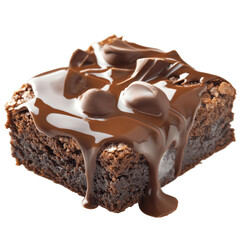 Chocolate flowing on brownie isolated on transparent background