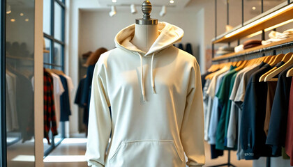 Poster - mock-up of plain white hoodie in shop displayed on mannequin, mannequin standing in front of clothes rack, front side view, hoodie in studio, mockup for dress