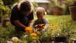 © Athena - A mother and her young child are joyfully planting orange flowers together in a lush green garden, highlighting a moment of nurturing and connection.
