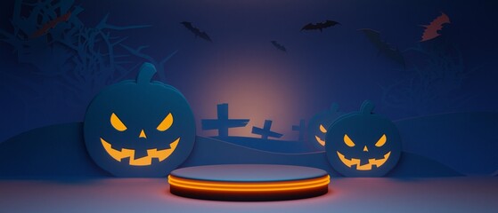 3d illustration rendering of happy halloween celebration, a spooky party, ghost of pumpkin devil, trick or threat, wallpaper background graveyard